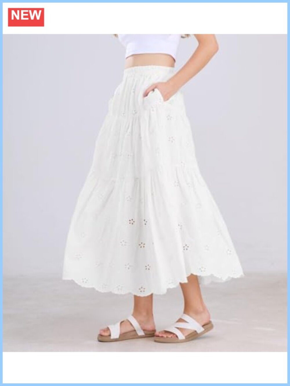 Lace Eyelet Embroidery High Waist Flowy Swing Midi Skirt - Picture 4 of 6